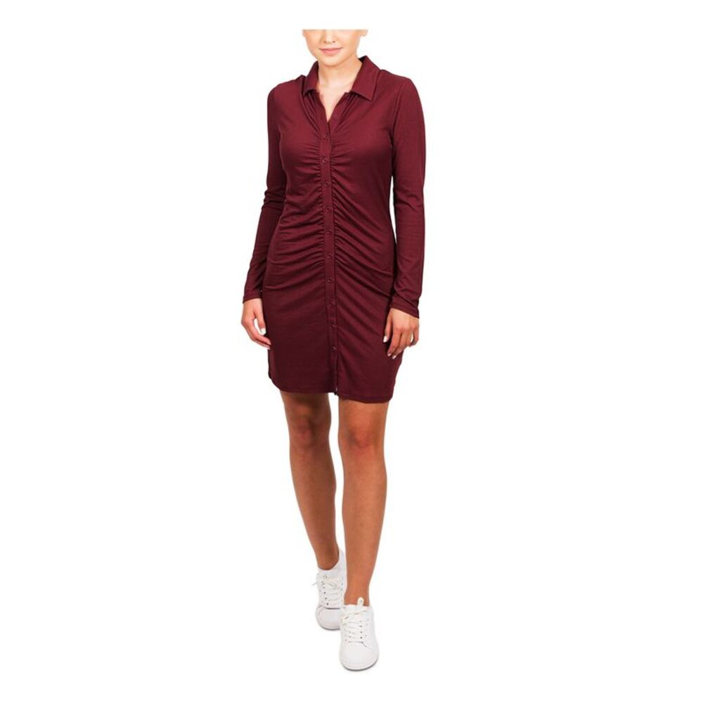 HIPPIE ROSE Womens Short Dress Burgundy Long Sleeve Button Down Juniors XS